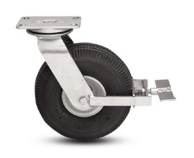 (image for) Caster; Swivel; 10" x 4"; Pneumatic (Black); Plate (4"x4-1/2"; holes: 2-5/8"x3-5/8" slots to 3"x3"; 3/8" bolt); Prec Ball Brng; 350#; USA Made; Face Brake (Item #63646)