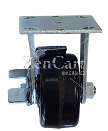 (image for) Caster; Rigid; 8" x 2"; Phenolic; Plate (4"x4-1/2"; holes: 2-5/8"x3-5/8" slots to 3"x3"; 3/8" bolt); Zinc; Roller Brng; 1250#; Tread brake (Item #63867)