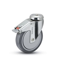 Caster; Swivel; 5" x 1-1/4"; Thermoplastized Rubber (Gray); Hollow Kingpin (1/2" bolt hole); Stainless; Prec Ball Brngs; 300#; Thread guards; Total Lock (Item #62939)