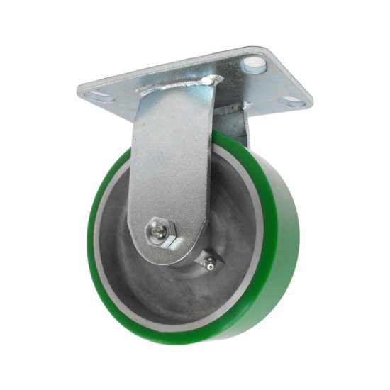 (image for) Caster; Rigid; 6\" x 2\"; PolyU on Alum; Plate (4-1/2\"x6-1/4\"; holes: 2-7/16\"x4-15/16\" slots to 3-3/8\"x5-1/4\"; 1/2\" bolt); Zinc; Roller Brng; 1200#; Warranty (Item #63363)