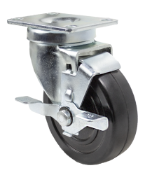 Caster; Swivel; 4" x 1-1/4"; Rubber (Hard); Plate (2-5/8"x3-3/4"; holes: 1-3/4"x2-3/4" slots to 3"; 5/16" bolt); Zinc; Plain bore; 250#; Dust Cover (Mtl); Brake (Item #64590)