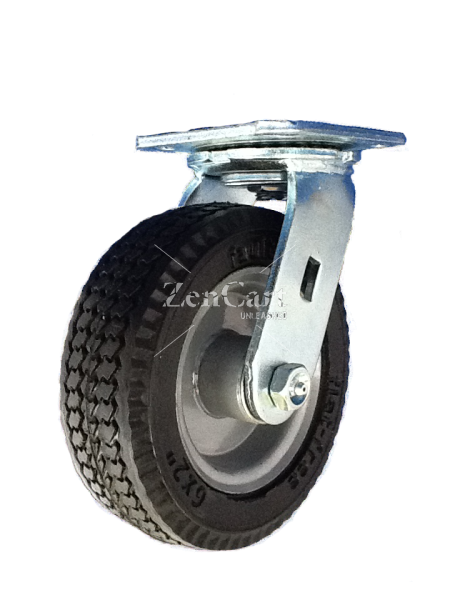 (image for) Caster; Swivel; 10" x 3"; Flat Free (Black); Plate (4"x4-1/2"; holes: 2-5/8"x3-5/8" slots to 3"x3"; 3/8" bolt); Zinc; Ball Brng; 280#; Sawtooth tread (Item #66576)