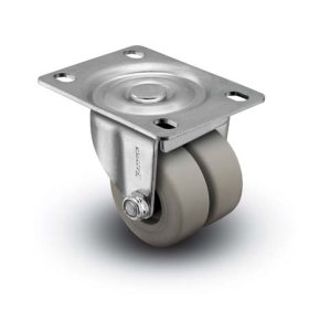 (image for) Caster; Dual Wheel; Swivel; 2" x 7/8" (x2); Soft Rubber (Non-marking); Plate (2-5/8"x3-3/4"; holes: 1-3/4x2-3/4 slotted to 3; 5/16 bolt); Plain bore; 180# (Item #65185)