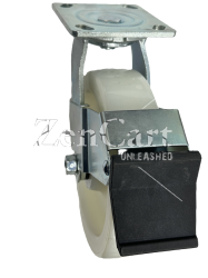(image for) Caster; Swivel; 8" x 2"; Nylon; Plate (4"x4-1/2"; holes: 2-5/8"x3-5/8" slots to 3"x3"; 3/8" bolt); Zinc; Roller Brngs; 1250#; Face Brake (Item #63033)