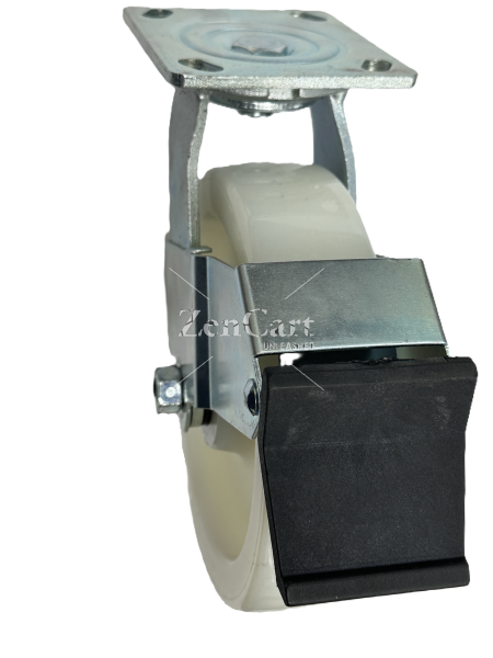 (image for) Caster; Swivel; 8" x 2"; Nylon; Plate (4"x4-1/2"; holes: 2-5/8"x3-5/8" slots to 3"x3"; 3/8" bolt); Zinc; Roller Brngs; 1250#; Face Brake (Item #63033)