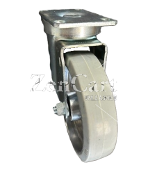 (image for) Caster; Swivel; 5" x 1-1/4"; Gray Rubber on Alum; Plate (2-1/2"x3-3/4"; holes: 1-3/4"x2-7/8" slots to 3"; 5/16" bolt); Zinc; Prec Ball Brngs; 250#; Dust Cover (Item #62921)