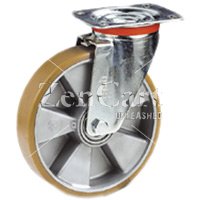 (image for) Caster; Swivel; 125mm x 35mm; PolyU on Alum (Orange); Top Plate (85mm x 100mm: holes: 60mmx80mm; 9mm bolt); Zinc; Ball Brng; 485#; Dust Cover (Plastic) (Item #66183)