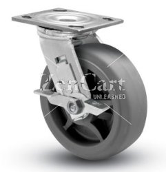 (image for) Caster; Swivel; 6" x 2"; Thermoplastized Rubber (Gray); Plate (4"x4-1/2"; holes: 2-5/8"x3-5/8" slotted to 3"x3"; 3/8" bolt); Stainless; Delrin Brng; 500#; Brake (Item #65105)