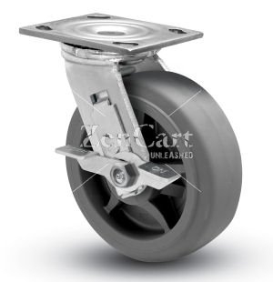 (image for) Caster; Swivel; 5" x 2"; Thermoplastized Rubber (Gray); Plate (4"x4-1/2"; holes: 2-5/8"x3-5/8" slots to 3"x3"; 3/8" bolt); Zinc; Roller Brng; 400#; Tread brake (Item #68016)