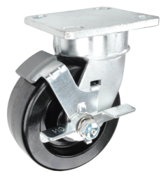 Caster; Swivel; 8" x 2"; Phenolic; Plate (4-1/2"x6-1/4"; holes: 2-7/16"x4-15/16" slots to 3-3/8"x5-1/4"; 1/2" bolt); Roller Brng; 1400#; Kingpinless; Brake (Item #62885)