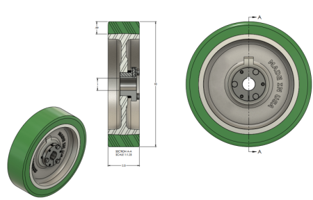 (image for) Drive Wheel; 10" x 2-1/2"; 95A PolyU on Cast Iron; QD Keyway Bushing; 1" Bore; 2-1/2" Hub Length; 2000#; USA Made (Item #87213)
