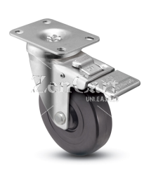 (image for) Caster; Swivel; 5" x 1-1/4"; Polyolefin; Plate (2-5/8"x3-3/4"; holes: 1-3/4"x2-3/4" slotted to 3"; 5/16" bolt); Zinc; Plain bore; 300#; Total Lock (Item #65162)