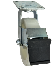 Caster; Swivel; 8" x 2"; Nylon; Plate (4"x4-1/2"; holes: 2-5/8"x3-5/8" slots to 3"x3"; 3/8" bolt); Zinc; Roller Brngs; 1250#; Face Brake (Item #63033)