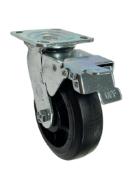 Caster; Swivel; 5" x 2"; Rubber on Nylon; Plate (4"x4-1/2"; holes: 2-5/8"x3-5/8" slotted to 3"x3"; 3/8" bolt); Zinc; Roller Brng; 450#; Total Lock (Trailing) (Item #64604)
