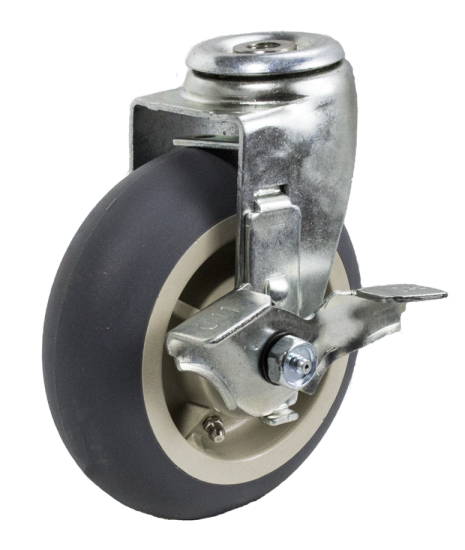 (image for) Caster; Swivel; 5\" x 2\"; ThermoPlastic Rubber Donut (Gray); Hollow Kingpin (1/2\" bolt hole); Zinc; Roller Brng; 450#; Tread Brake (Item #64273)