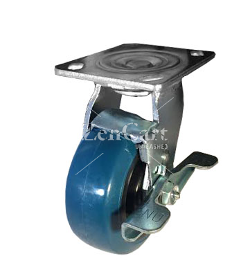 (image for) Caster; Swivel; 5" x 2"; PolyU on PolyO (Blue); Plate (4"x4-1/2"; holes: 2-5/8"x3-5/8" slots to 3"x3"; 3/8" bolt); Stainless Rig and Roller Bearing; 600#; Brake (Item #65793)