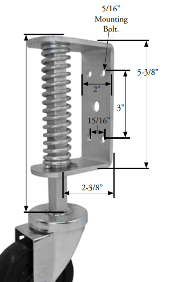 Gate Caster Bracket (2\"x5-3/8\"; holes 15/16\"x3\" apart); Accepts 7/16\" Grip Ring stem caster; Max 5\" wheel; 230# to full spring compression. 2\" of movement. (Item #88470)