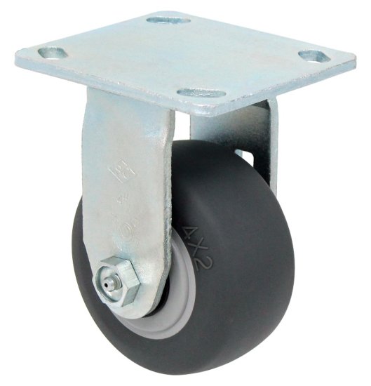 (image for) Caster; Rigid; 5\" x 2\"; Thermoplastized Rubber (Gray); Plate (4\"x4-1/2\"; holes: 2-5/8\"x3-5/8\" slots to 3\"x3\"; 3/8\" bolt); Zinc; Prec Ball Brng; 410# (Item #63620)