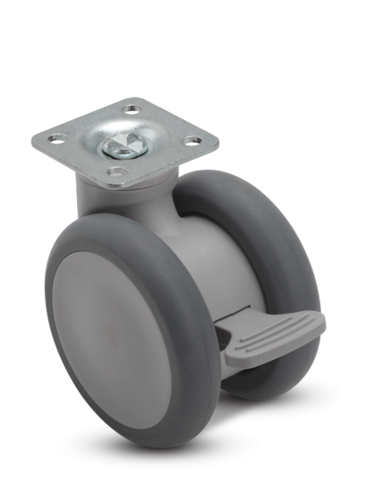 (image for) Caster; Twin Wheel; Swivel; 65mm; Thermoplastized Rubber (Gray); Plate (1-1/2\" x 1-1/2\"; holes: 1\" x 1\"; 3/16\" bolt);Riveted Axle; 110#; Pedal Brake (Item #65400)