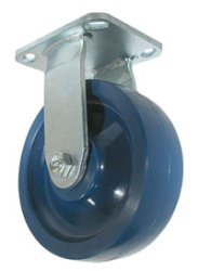 Caster; Rigid; 6" x 2"; Polyurethane (One piece solid); Plate (4"x4-1/2"; holes: 2-5/8"x3-5/8" slotted to 3"x3"; 3/8" bolt); Stainless; Stainless Rlr Brg; 950# (Item #65001)