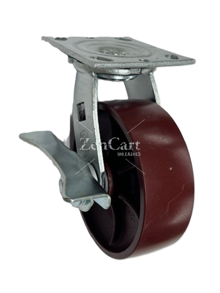 (image for) Caster; Swivel; 5"x2"; Steel (Crowned Ductile); Plate (4-1/2"x6-1/4"; holes: 2-7/16"x4-15/16" slots to 3-3/8"x5-1/4"; 1/2" bolt); Roller Brng; 1500#; Cam Brake (Item #66118)