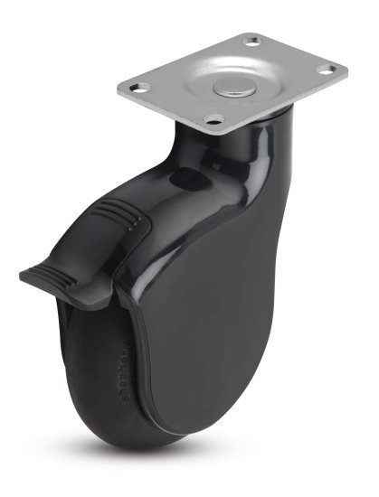 (image for) Caster; Swivel; 4 x 1-1/4; Neoprene Rubber (Black); Plate (2-5/8\"x3-3/4\"; holes:1-3/4\"x2-3/4\" slotted to 3\"); Black Finish; Prec BB; 225#; Thread guards; Brake (Item #65386)