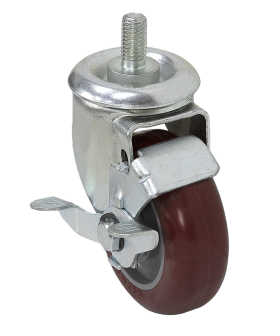 Caster; Swivel; 4" x 1-1/4"; PolyU on PolyO (Red); Threaded Stem (1/2"-13TPI x 1-1/2"); Zinc; Delrin Spanner; 300#; Tread brake (Item #66373)