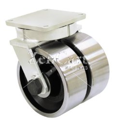 (image for) Dual Wheel Caster; Swivel; 6" x 3"; Forged Steel; Plate (6-1/4"x7-1/2": holes: 4-1/8"x6" slots to 4-1/2"x6-1/8"; 1/2" bolt); Tapered Brng; 20000#; Kingpinless (Item #63118)
