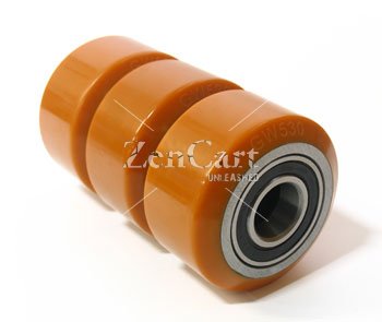 (image for) Pallet Jack Wheel; 5-1/2"x2"; PolyU (Orange) on Alum; twin 6205 ball bearings installed; 1200#; 1" Bore; 1-7/8" Hub Length (Item #89322)