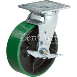 (image for) Caster; Swivel; 10" x 2-1/2"; PolyU on Cast Iron; Plate (4-1/2x6-1/4; holes: 2-7/16x4-15/16 slotted to 3-3/8x5-1/4; 1/2 bolt); Roller Brng; 1500#; Cam Brake (Item #65226)