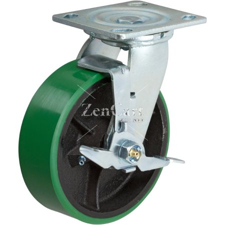 (image for) Caster; Swivel; 5" x 2"; PolyU on Nylon (Color Varies); Plate (4"x4-1/2"; holes: 2-5/8"x3-5/8" slots to 3"x3"; 3/8" bolt); Zinc; Roller Brng; 1000#; Tread brake (Item #64218)