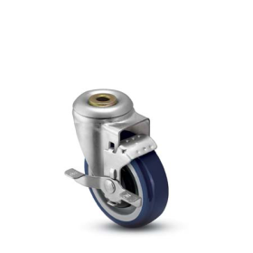 (image for) Caster; Swivel; 3" x 1-1/4"; PolyU on PolyO (Blue); Hollow Kingpin (1/2" bolt hole); Zinc; Precision Ball Brng; 250#; Bearing Cover; Dust Cover; Tread brake (Item #64532)