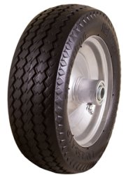 Wheel; 10-1/2" x 3.3" (4.10/3.50-4); Foam-Filled Flat Free; Precision Ball Brng; 5/8" Bore; 2-1/4" Hub Length; 300#; Offset One-piece Hub; Sawtooth Tread (Item #89514)