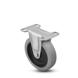 Caster; Rigid; 4" x 1"; TPR Rubber (Gray); Plate (2-3/8"x3-5/8": holes: 1-3/4"x 2 -7/8" slots to 3"; 5/16" bolt); Zinc; Plain bore; 125# (Item #63410)