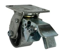 Caster; Swivel; 8" x 2"; Cast Iron; Plate; 4"x4-1/2"; holes: 2-5/8"x3-5/8" slots to 3"x3"; 3/8" bolt; Zinc; Roller Brng; 1250#; Total Lock (Leading) (Item #66027)