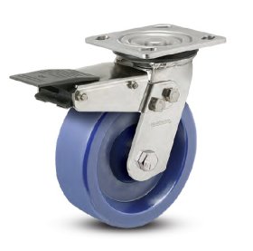 Caster; Swivel; 6" x 2"; 55D Solid Polyurethane; Plate (4"x4-1/2"; holes: 2-5/8"x3-5/8" slots to 3"x3"; 3/8" bolt); Stainless; Roller Brng; 900#; Total Lock (Item #63607)