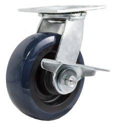 Caster; Swivel; 4" x 2"; 95A PolyU on PolyO (Red); Plate; 4"x4-1/2"; holes: 2-5/8"x3-5/8" (slotted to 3"x3); 3/8 bolt; Roller Brng; 500#; Cam Style brake (Item #63158)