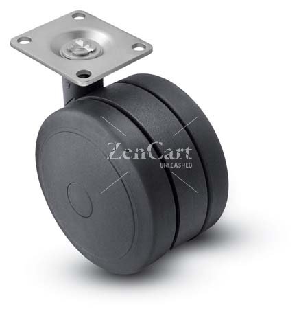 (image for) Caster; Twin; Swivel; 5" (125mm); Polyurethane; Top Plate; 2-3/16"x2-9/16"; hole spacing: 1-5/8"x2"; 5/16" bolt; Black; Rivet; 180# (Item #68664)