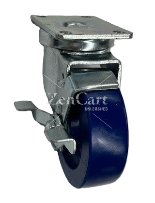 (image for) Caster; Swivel; 4" x 1-1/4"; Polyurethane (Solid); Plate (2-5/8"x3-3/4"; holes: 1-3/4"x2-3/4" slots to 3"; 5/16" bolt); Zinc; 300#; Dust Cover; Brake (Item #63900)