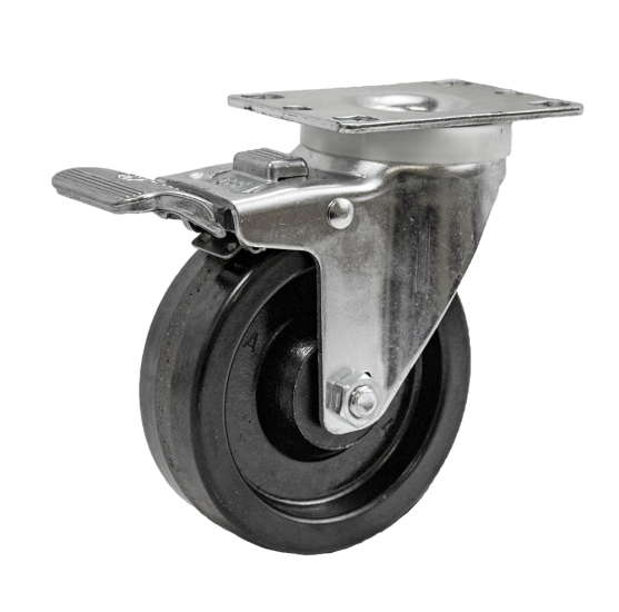 Caster; Swivel; 4\" x 1-1/4\"; Phenolic; Plate (2-1/2\"x3-5/8\"; holes: 1-3/4\"x2-7/8\" slotted to 3\"; 5/16\" bolt); Steel Spanner; 350#; Dust Cover (Mtl); Total Lock (Item #64126)