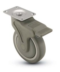 Caster; Swivel; 4"x1-1/4"; TPR (Gray); Plate (2-1/2"x3-5/8": holes: 1-3/4"x2-13/16" (slots to 3-1/16"); 5/16" bolt); Nylon; Precision BB; 275#; Total Lock (Item #67217)