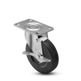 (image for) Caster; Swivel; 2" x 13/16"; Rubber (Hard); Top Plate (1-3/16" x 2"; holes: 13/16" x 1-9/16"; 3/16" bolt); Zinc; Plain bore; 90#; Side friction brake (Item #65379)