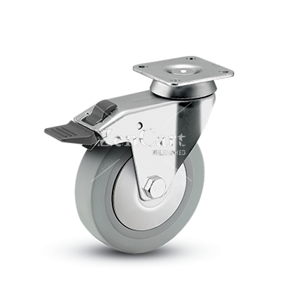 (image for) Caster; Swivel; 3" x 7/8"; TPR Rubber; Plate (2-3/8" Square: holes: 1-1/2"x1-1/2" (slots to 1-7/8"x1-7/8"); 1/4" bolt); Chrome; Ball Brng; 140#; Total Lock (Item #63697)