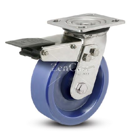 (image for) Caster; Swivel; 6" x 2"; 55D Solid Polyurethane; Plate (4"x4-1/2"; holes: 2-5/8"x3-5/8" slots to 3"x3"; 3/8" bolt); Stainless; Roller Brng; 900#; Total Lock (Item #63607)