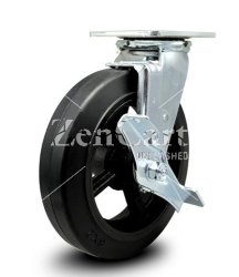 (image for) Caster; Swivel; 8" x 2"; Rubber on Cast Iron; Plate (4"x4-1/2"; holes: 2-5/8"x3-5/8" slots to 3"x3"; 3/8" bolt); Roller Brng; 600#; Position Lock (4-way); Brake (Item #63430)