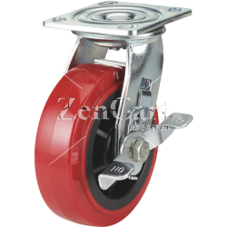 (image for) Caster; Swivel; 5" x 2"; PolyU on PolyO (Red/ Black); Plate; 4"x4-1/2"; holes: 2-5/8"x3-5/8" (slotted to 3"x3"); 3/8" bolt; Zinc; Roller Brng; 750#; Wheel Brake (Item #67821)