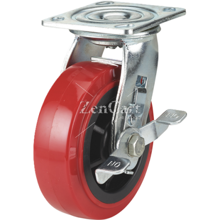 (image for) Caster; Swivel; 5" x 2"; PolyU on PolyO (Red/ Black); Plate; 4"x4-1/2"; holes: 2-5/8"x3-5/8" (slotted to 3"x3"); 3/8" bolt; Zinc; Roller Brng; 750#; Wheel Brake (Item #67821)