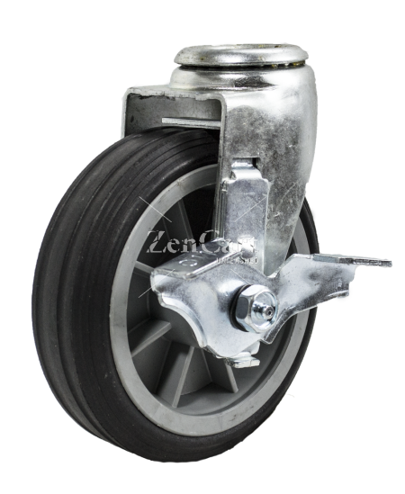 (image for) Caster; Swivel; 6" x 2"; Solid Rubber on Plastic Hub; Hollow Kingpin (1/2" bolt hole); Ball Brng; 350#; Ribbed Tread; Wheel Brake (Item #64280)