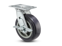 Caster; Swivel; 5" x 2"; Blue Thermo-Urethane; Plate (2-1/2"x3-5/8"; holes: 1-3/4"x2-7/8" slotted to 3"; 5/16" bolt); Zinc; Prec Ball Brngs; 375#; Tread Brake (Item #63408)