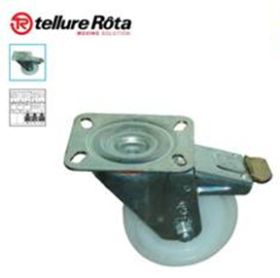 (image for) Caster; Swivel; 4" x 1-1/4"; Nylon; Plate (85mm x 100mm: holes: 60mmx80mm; 9mm bolt); Galvanized Steel; Plain bore; 350#; Total Lock (Trailing) (Item #63870)